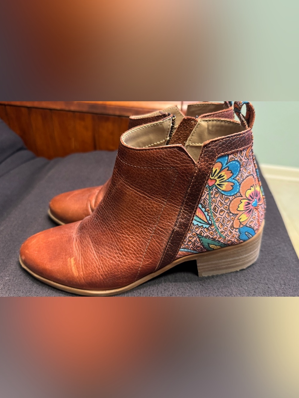 inkkas Brown Leather Ankle Boots with Multicolor Floral Side Panel